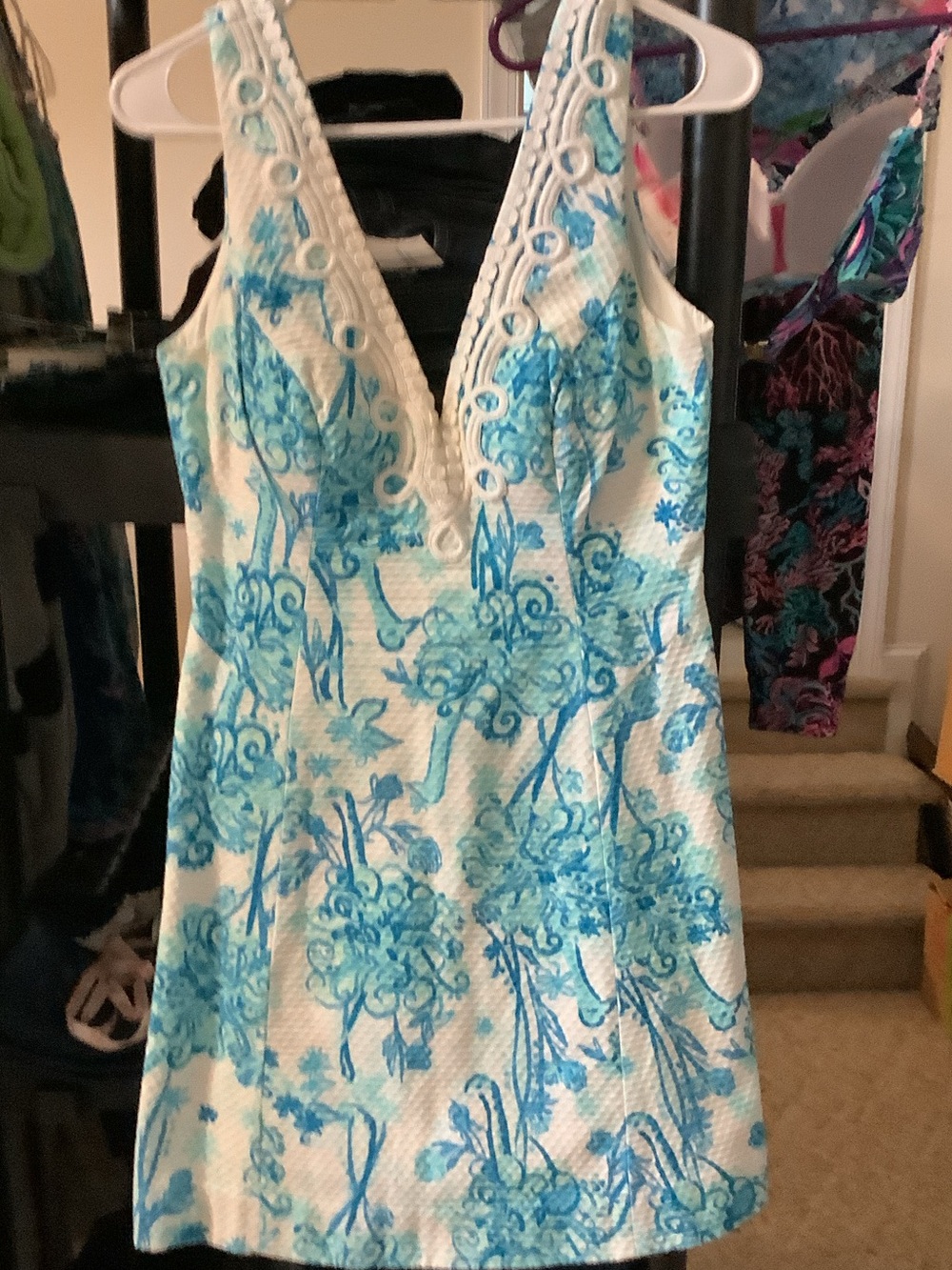 Lilly Pulitzer White and Aqua Blue Floral Midi Dress, white trim